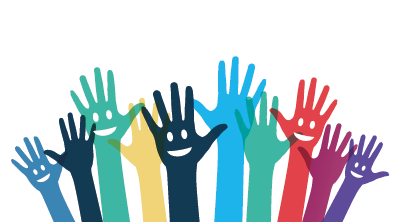 Afbeelding van uitgestrekte, lachende handen in verschillende kleuren die solidariteit symboliseren