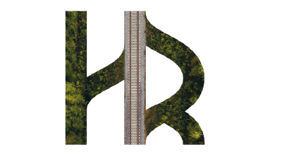 Monogramme HR du logo de HR Rail avec de la verdure et des rails au milieu