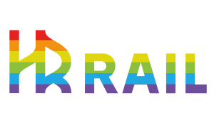 Het logo van HR Rail in de kleuren van een regenboog, dat diversiteit symboliseert